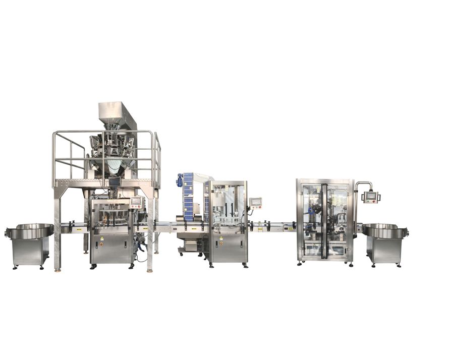 High quality CE Fully automatic production line for filling, capping, labeling and folding chocolate granules, candies, nuts and pistachios in plastic cans with multiple scales
