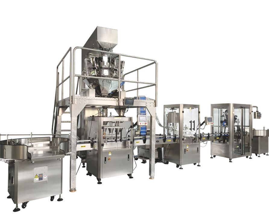 High quality CE Fully automatic production line for filling, capping, labeling and folding chocolate granules, candies, nuts and pistachios in plastic cans with multiple scales
