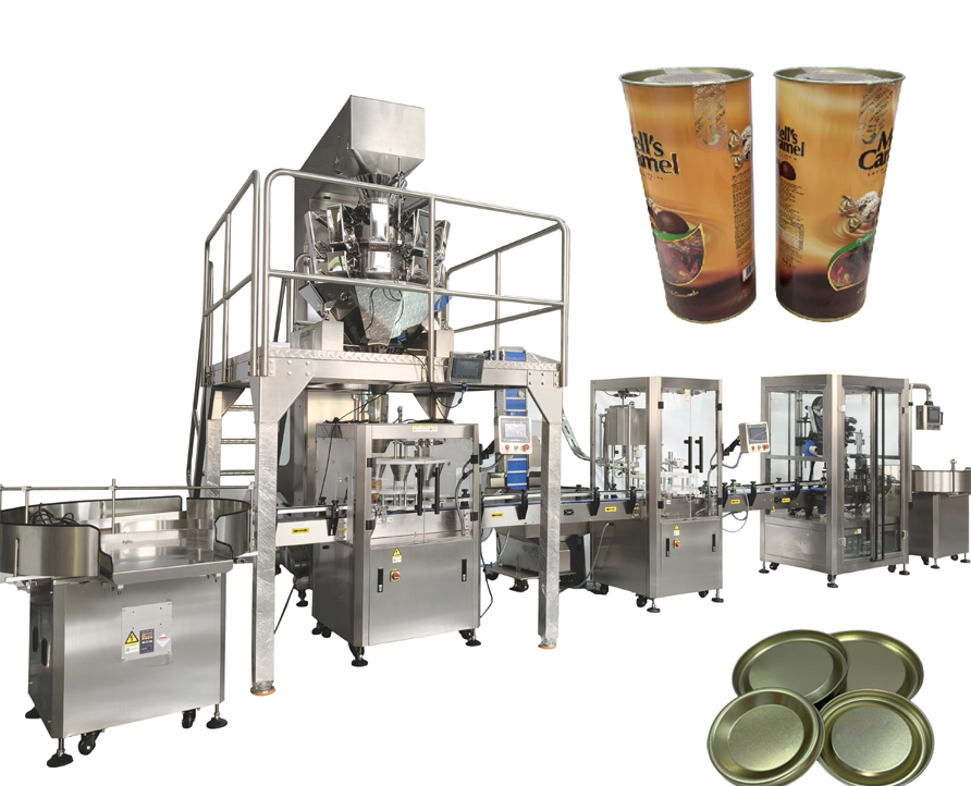 High quality CE Fully automatic production line for filling, capping, labeling and folding chocolate granules, candies, nuts and pistachios in plastic cans with multiple scales