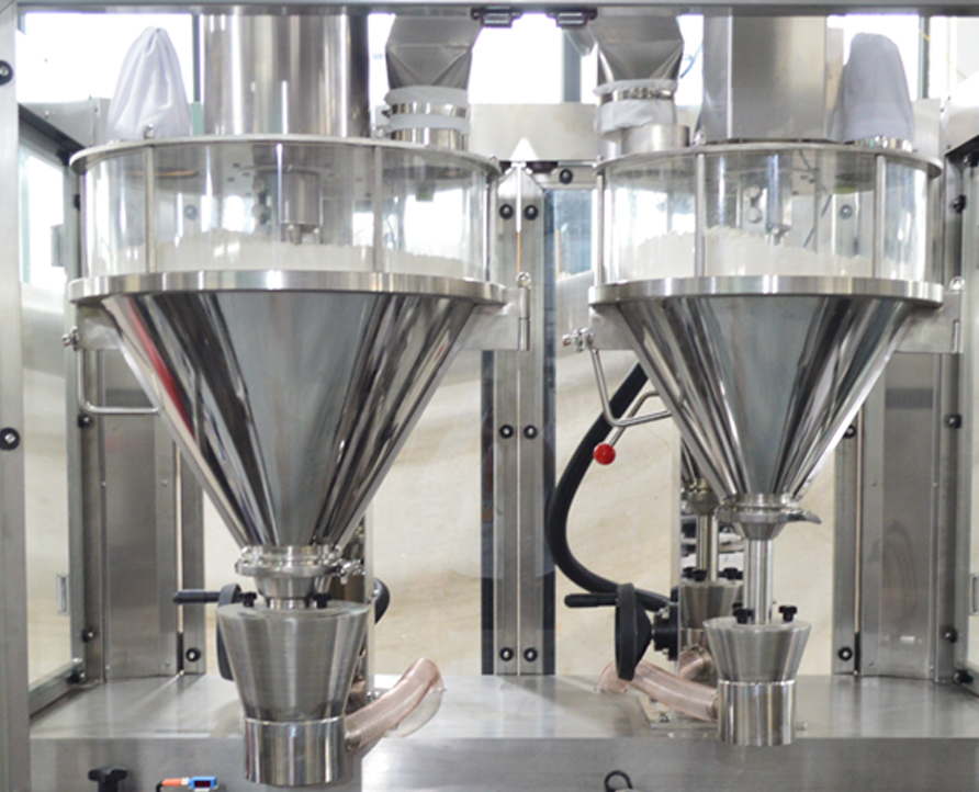 Double-head weighing powder filling machine, Milk/Protein powderfully automatic powder weighing filling machine with weigher rejection function