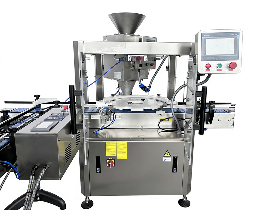 Peanut and nut canning packaging line with air blowing cleaning, bottle flipper, rotary feeding, metal detector, nitrogen flushing sealing, labeling and coding machine
