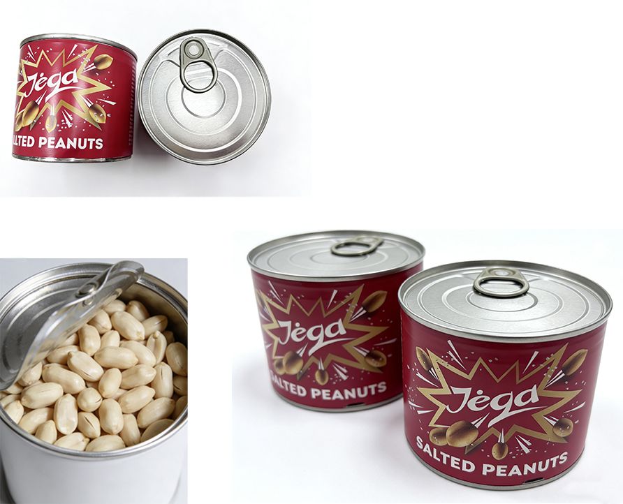 Peanut and nut canning packaging line with air blowing cleaning, bottle flipper, rotary feeding, metal detector, nitrogen flushing sealing, labeling and coding machine