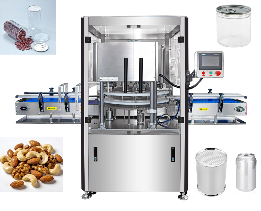 CE fully automatic double head can sealer machine with cover, High speed can seaming machine for Tin Can, Plastic jar, Aluminum Can