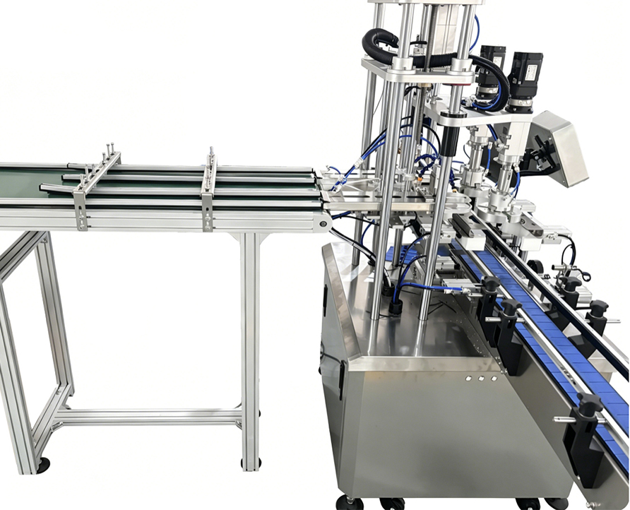 Capping machine with cap conveyor belt feeding , Belt conveyor cap feeding plastic jar double head capping machine, Servo control capper equipment