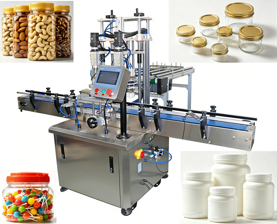 Capping machine with cap conveyor belt feeding , Belt conveyor cap feeding plastic jar double head capping machine, Servo control capper equipment